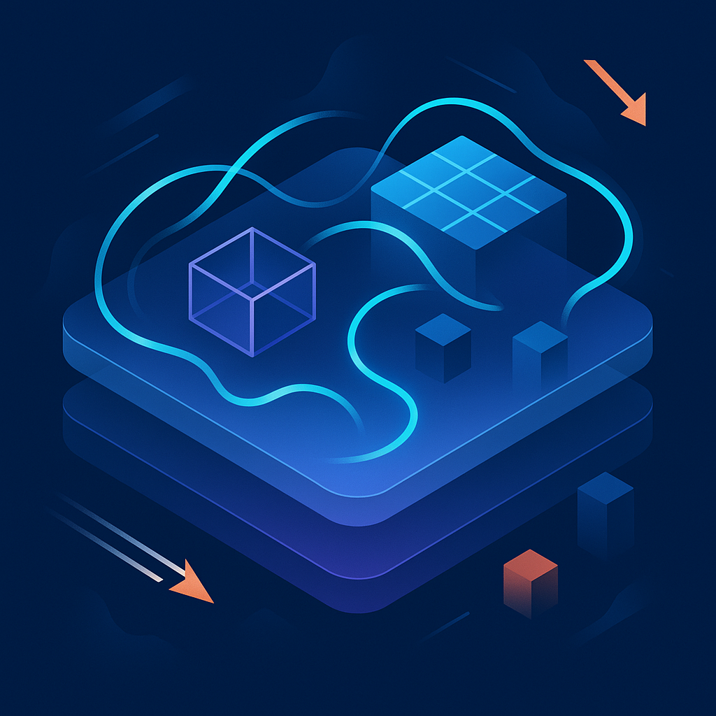 Illustration abstraite d’une plateforme de données cloud avec des pipelines lumineux, des couches de stockage et des formes géométriques évoquant un lakehouse moderne.