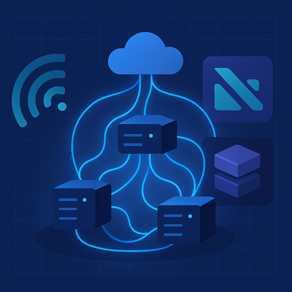 Illustration abstraite d’une infrastructure cloud avec des serveurs connectés, des signaux de supervision applicative et des éléments évoquant la recherche vectorielle et l’optimisation mémoire.
