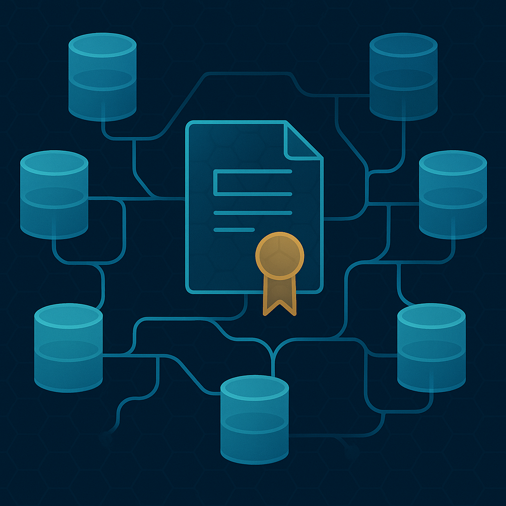 Réseau abstrait de journaux cryptographiques reliés autour d’un certificat TLS géométrique.