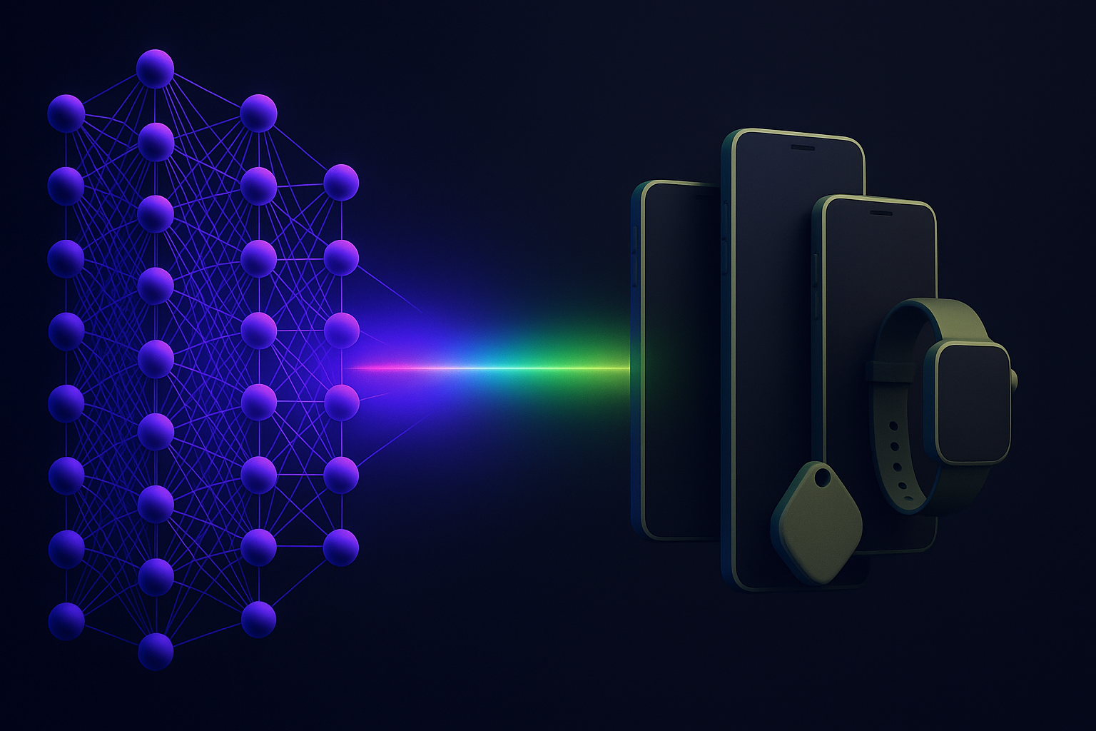 Illustration abstraite représentant un modèle d’intelligence artificielle relié à une gamme de smartphones et d’objets connectés.