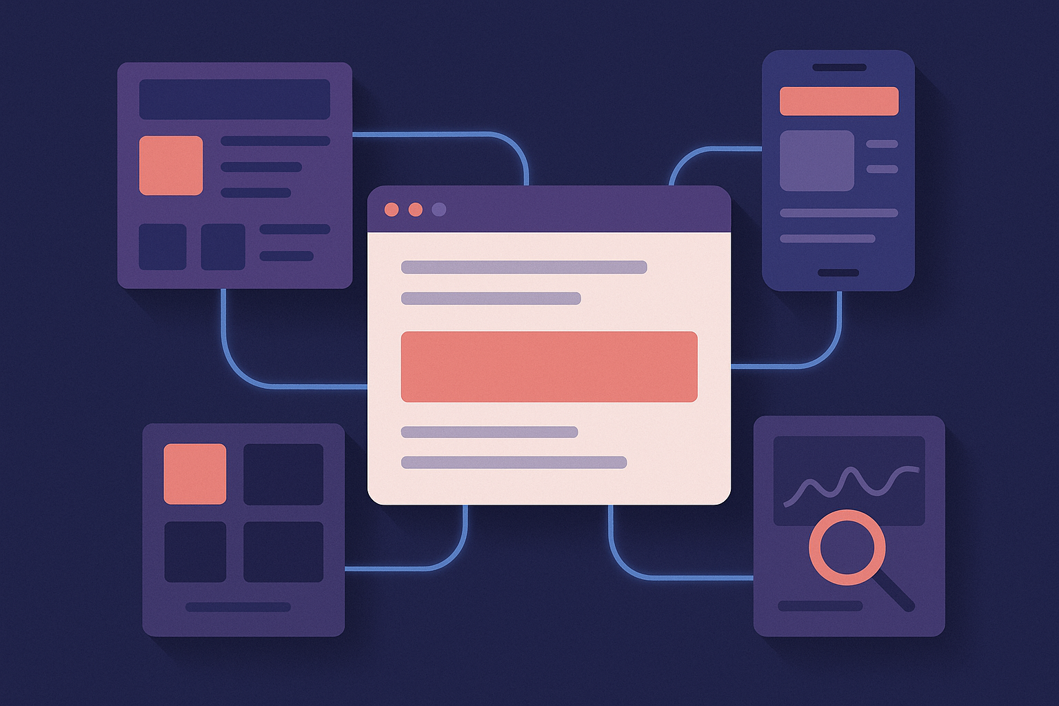 Illustration abstraite d’un navigateur reliant une page WordPress à un éditeur, des blocs de contenu et des outils de test.
