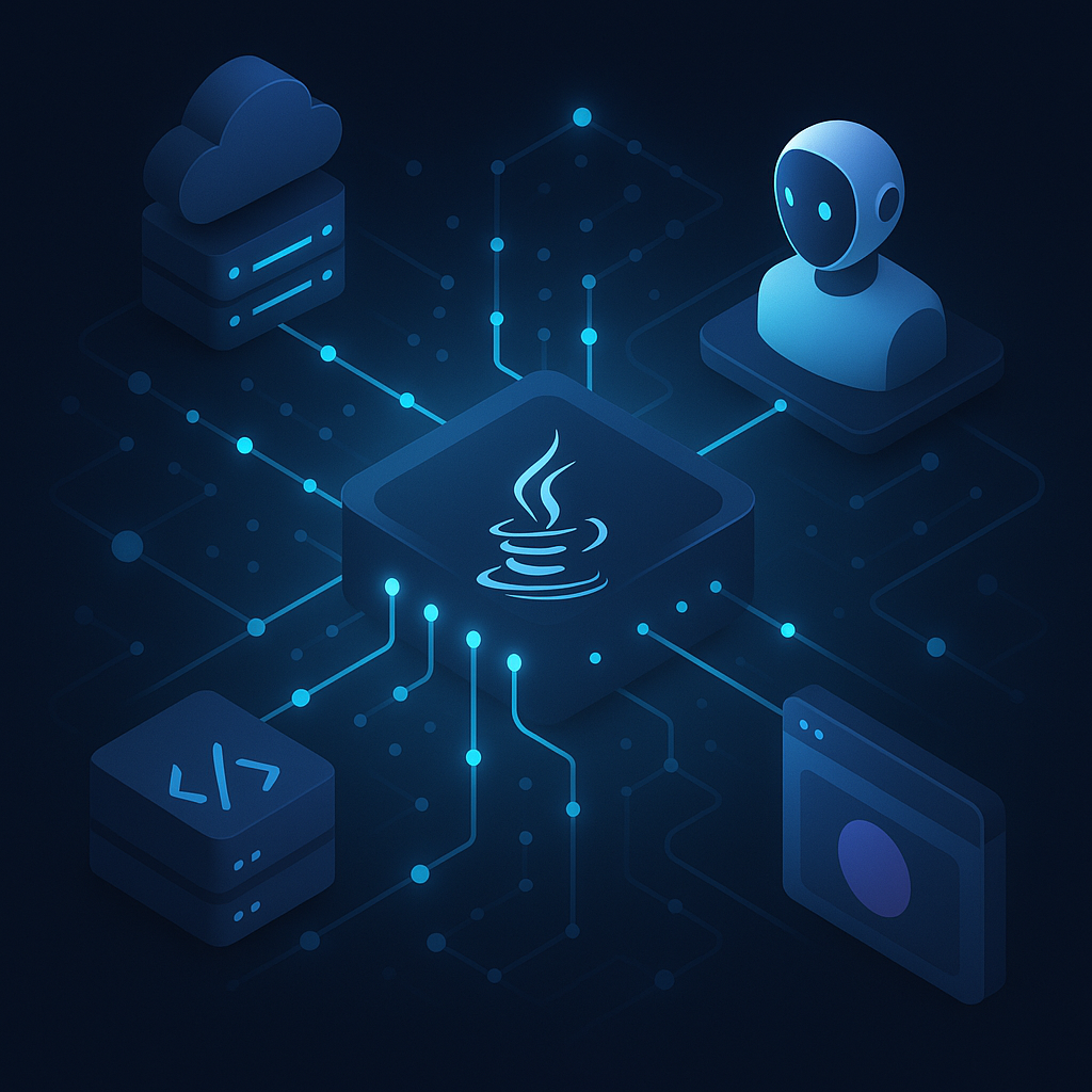 Illustration abstraite d’un serveur Java reliant un agent d’intelligence artificielle à plusieurs outils et à un navigateur par des flux de données lumineux.