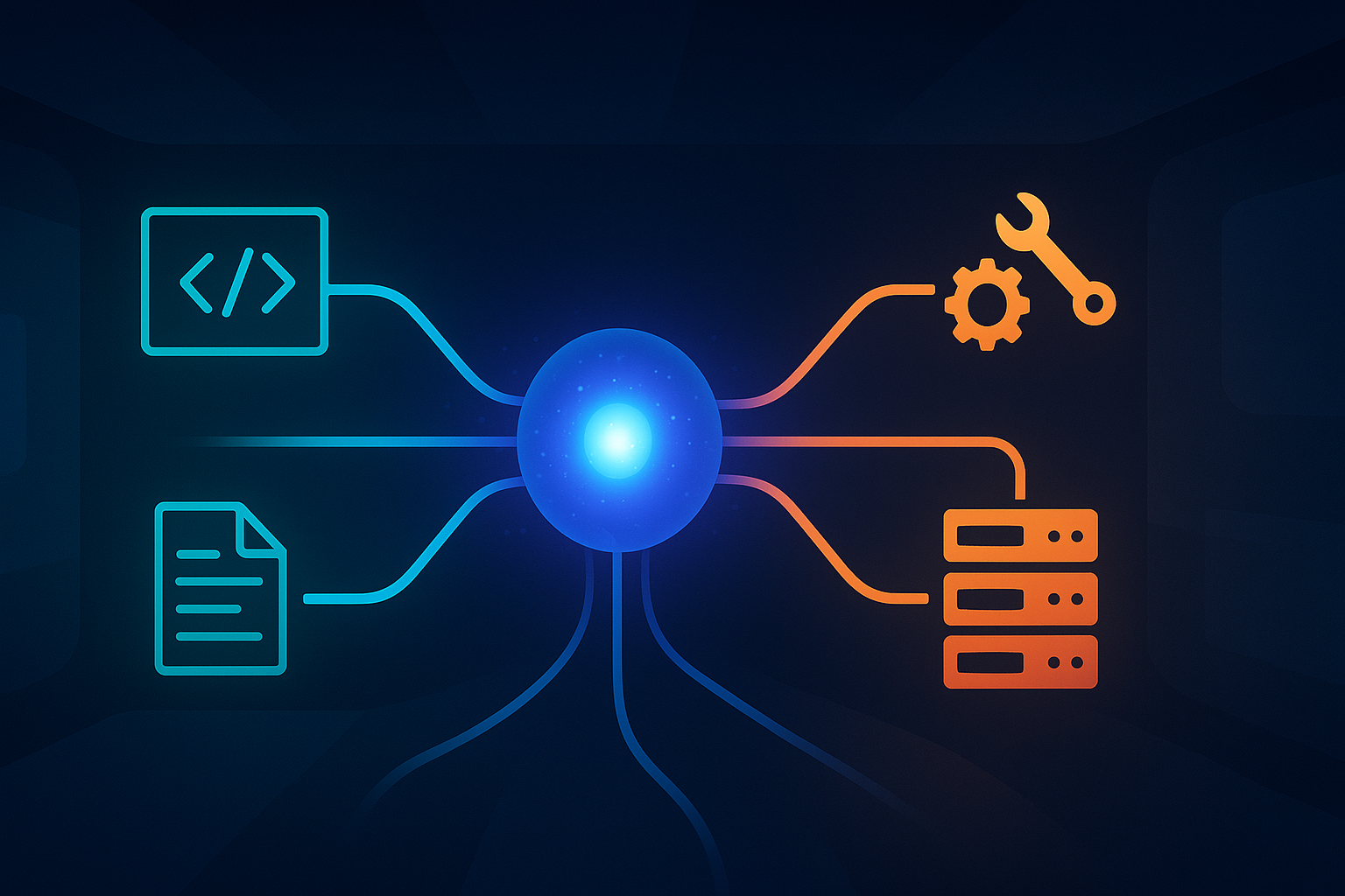 Un noyau d’intelligence artificielle relié à des flux représentant le code, les documents et des outils numériques.