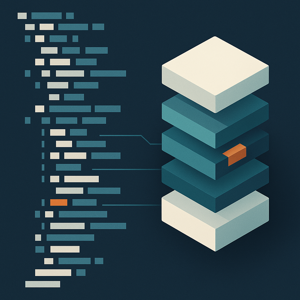 Des blocs de données abstraits passent d’une structure dense à une composition ordonnée, évoquant la mise en forme de manifestes Kubernetes.
