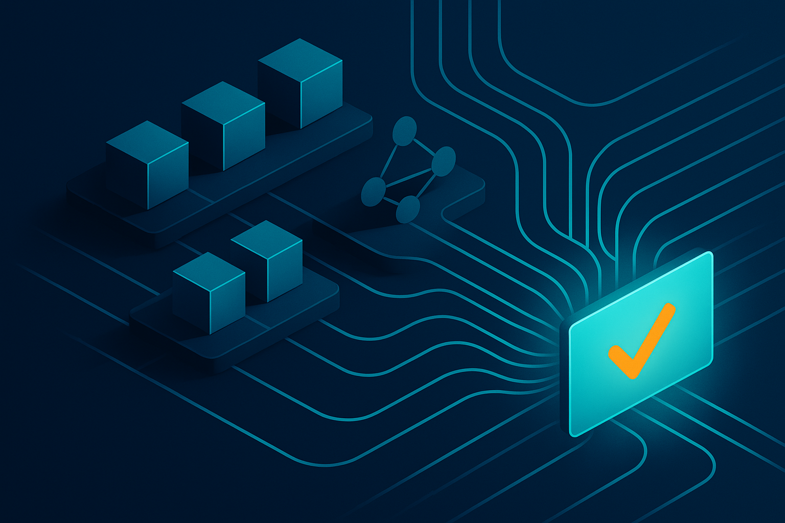 Illustration abstraite d’une chaîne DevOps reliant des configurations d’infrastructure, des conteneurs et des contrôles de qualité.