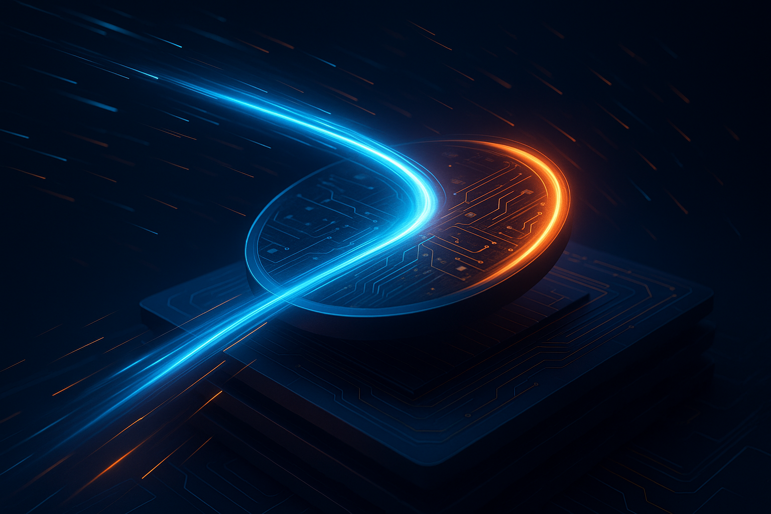 Flux lumineux traversant une architecture de calcul abstraite pour symboliser l’accélération de l’inférence d’un modèle d’intelligence artificielle.