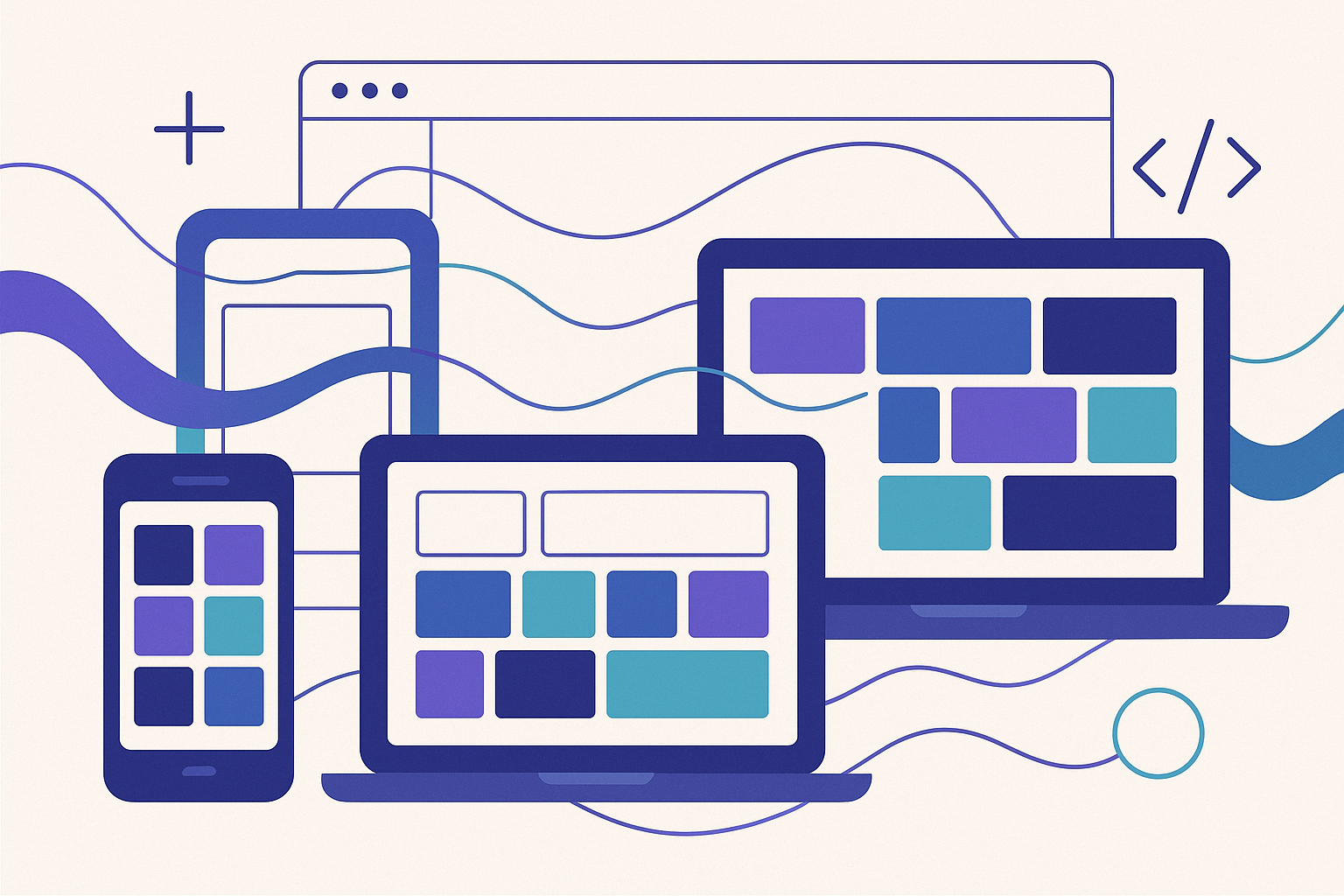 Illustration abstraite de blocs web qui s’adaptent à différents formats d’écran autour d’une structure d’éditeur encadrée.