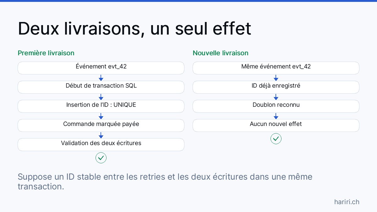 Deux colonnes comparent les livraisons du webhook evt_42. À la première, une transaction SQL insère l’identifiant unique, marque la commande comme payée et valide les deux écritures. À la seconde, l’identifiant existe déjà et aucun nouvel effet n’est appliqué.