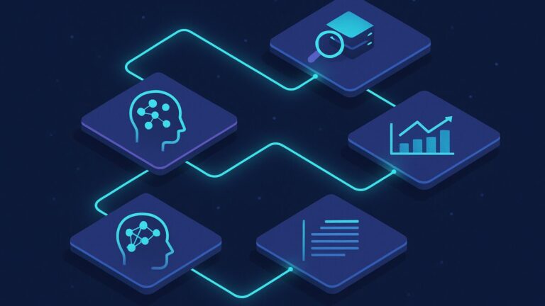 Illustration abstraite montrant des modules techniques reliés entre eux pour représenter un parcours complet d’ingénierie IA, de l’expérimentation au déploiement et à l’observabilité.