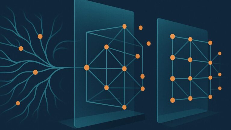Un réseau de nœuds lumineux traverse des membranes de contrôle sous l’observation de points extérieurs.