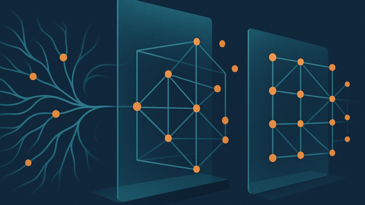 Un réseau de nœuds lumineux traverse des membranes de contrôle sous l’observation de points extérieurs.